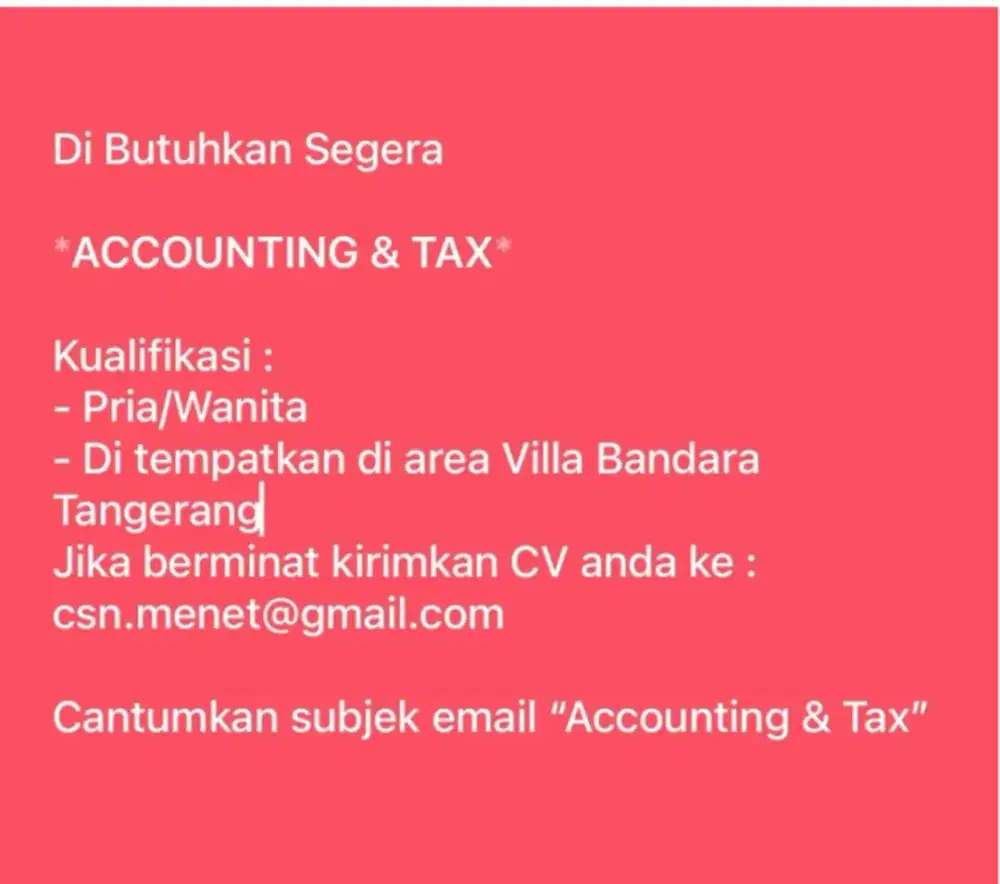 Di Butuhkan Accounting & Tax