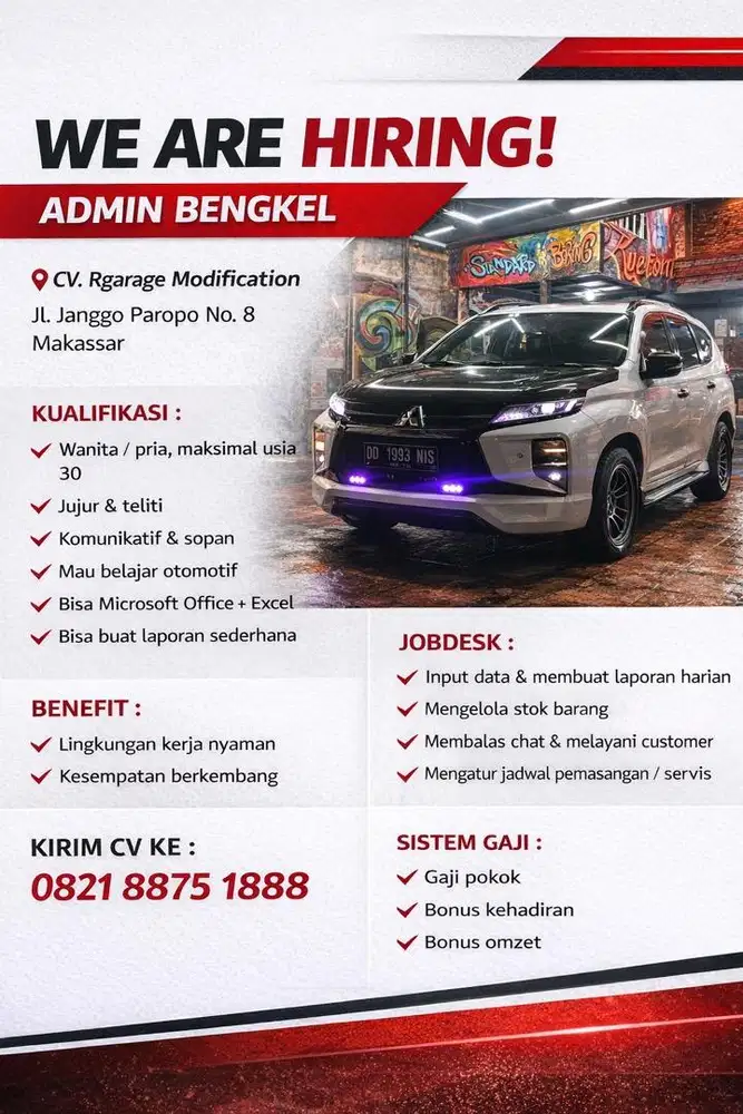 WE ARE HIRING – ADMIN BENGKEL | Makassar