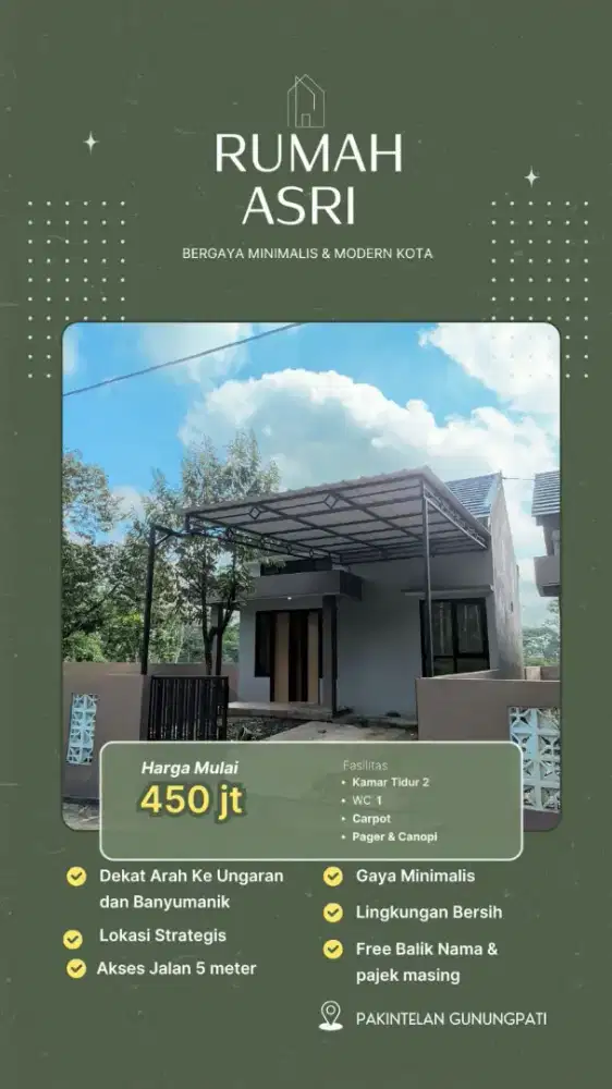 Rumah limasan type 40/120m2
SERTIFIKAT HM
Rp 450 JUTA FREE Balik Nama
