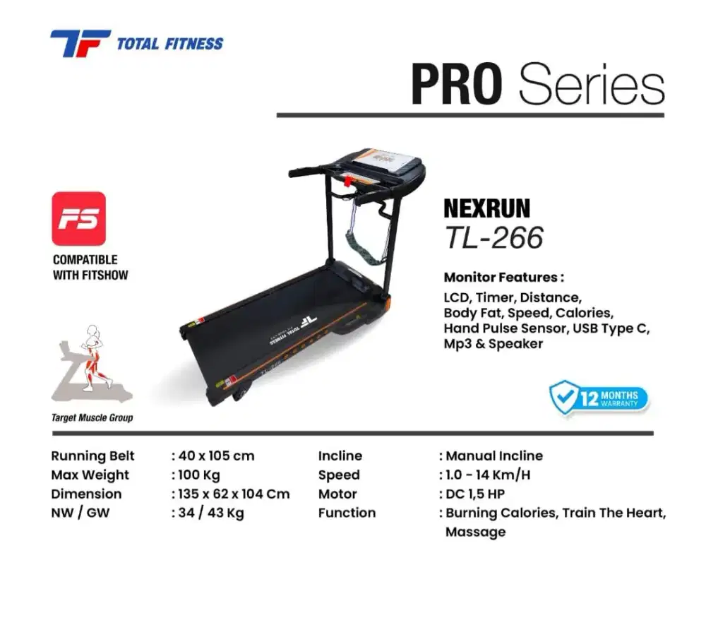 TOTAL FITNESS NexRun TL-266 — Treadmill Elektrik PRO Series