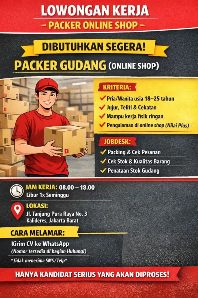 Dibutuhkan cepat staff packer dan helper online shop