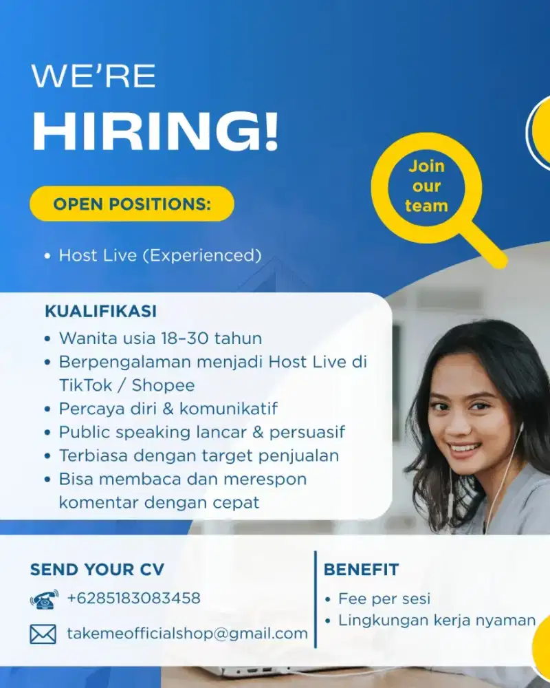 Dicari Host Live tiktok dan shope berpengalaman