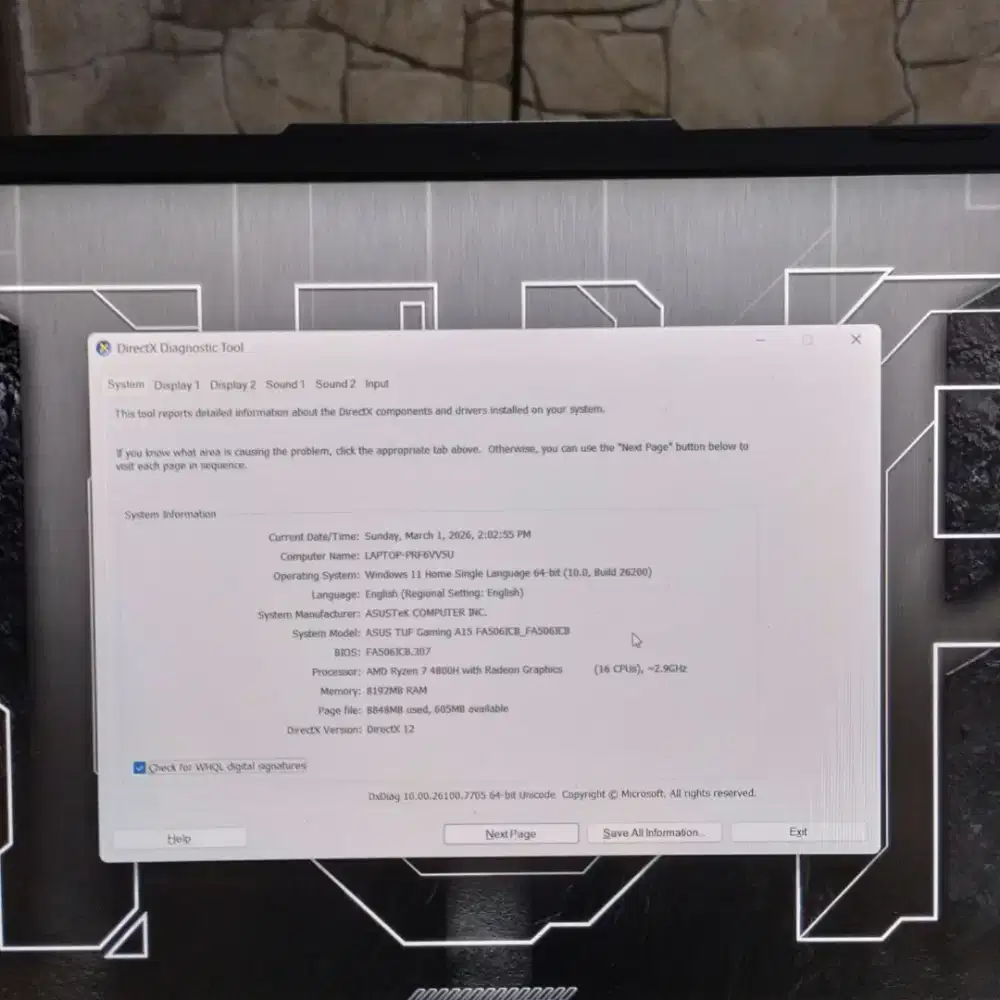 Asus Tuf a15 RTX 3050