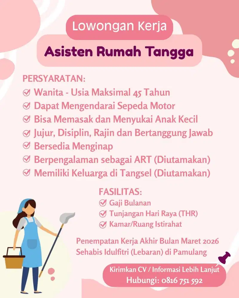Loker Asisten Rumah Tangga (ART) di Pamulang