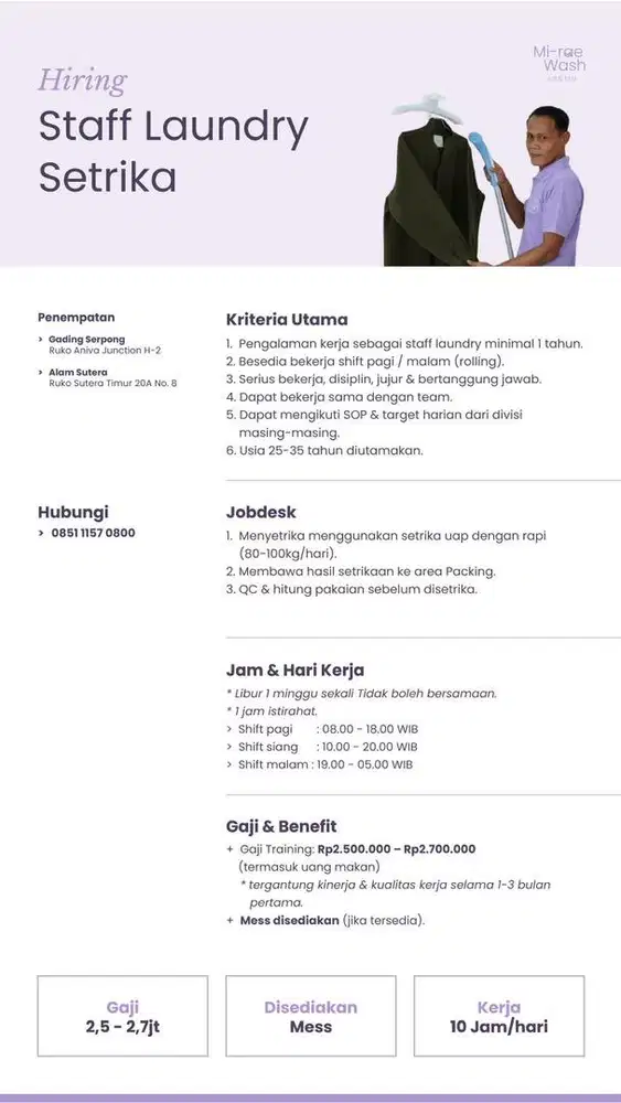 Loker Staff Operaisonal Laundry Premium Bagian Setrika & Packing