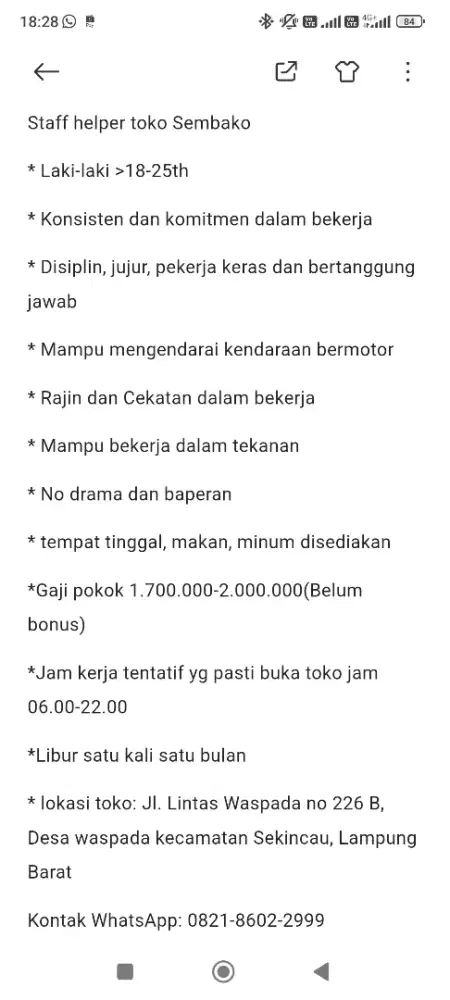 Lowongan pekerjaan staff Helper toko sembako