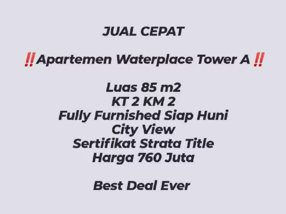 Luas 85 m2, , Apartemen Waterplace Tower A Furnish Siap Huni