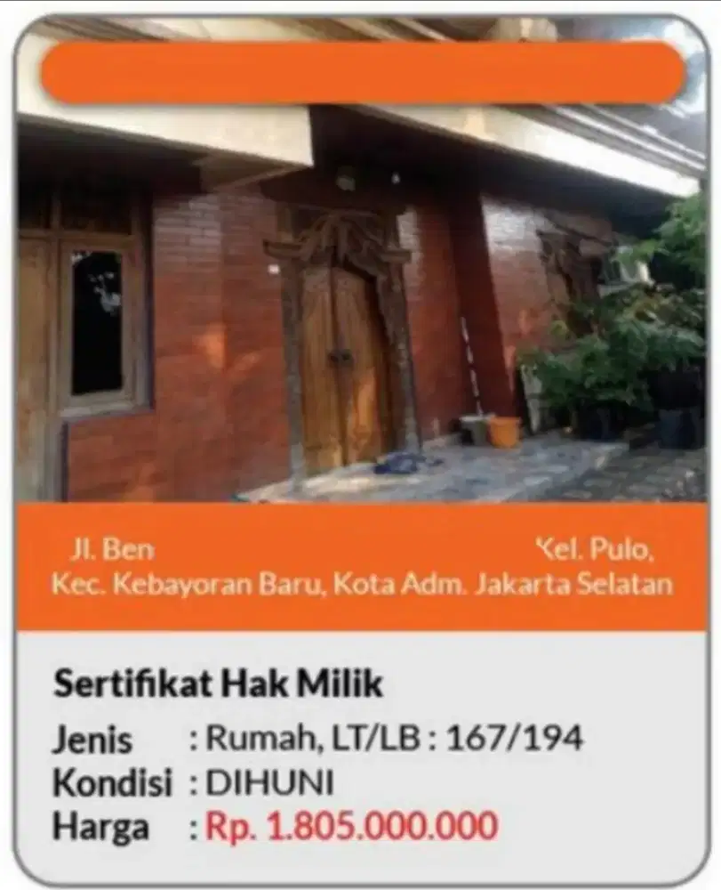 Dijual Rumah 2 Lantai Pulo Kebayoran Baru