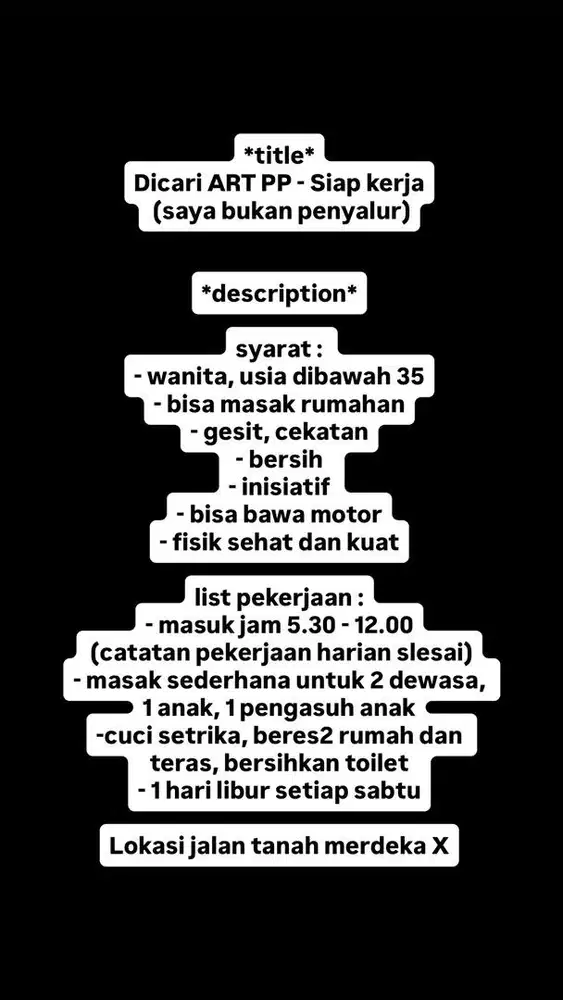 DICARI ART PP - SIAP KERJA (saya bukan penyalur)