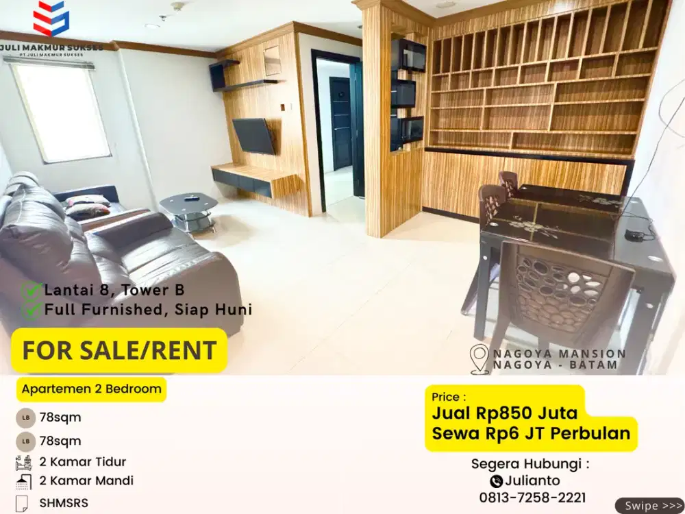 Dijual Apartemen 2BR Full Furnished di Nagoya Mansion Batam