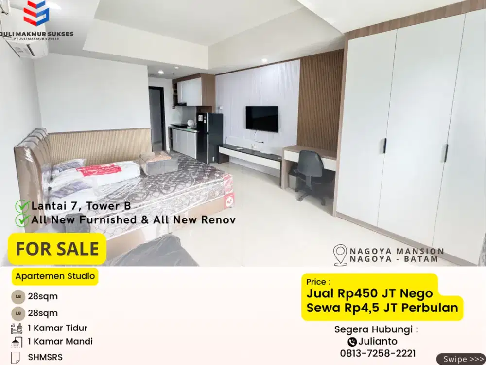 Disewa Apartemen Studio Full New Renovasi & New Furnished di Nagoya Mansion Batam