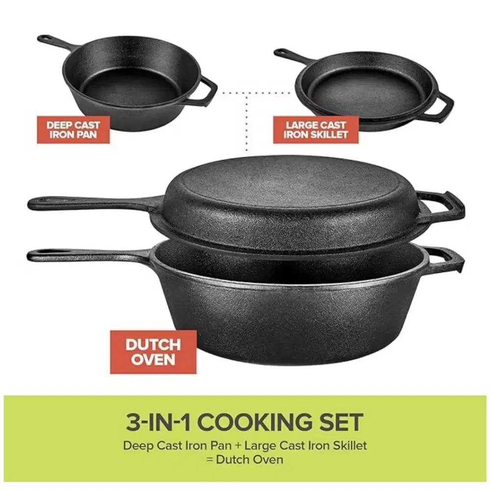 3 In1 Cast Iron Deep Fry Pan Set 26 cm Combo Cooker Dutch Oven Skillet