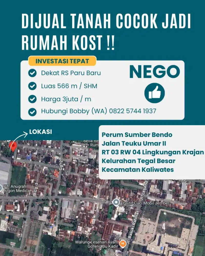 TANAH UNTUK KOST/HOMESTAY TEGAL BESAR KALIWATES