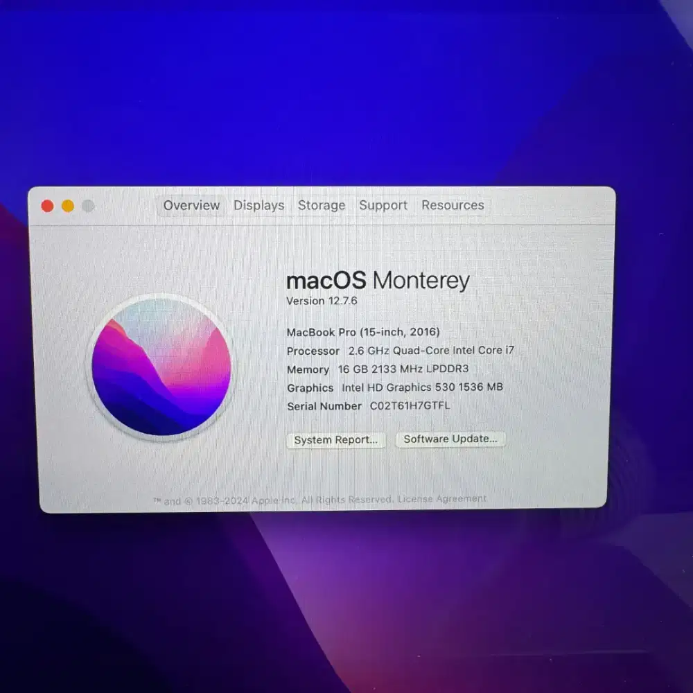 Macbook Pro 2016 Core I7 layar 15 Inch Ram 16 Ssd 256 grey touchbar