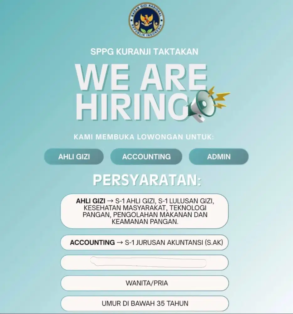 Lowongan kerja ahli gizi dan akuntan dapur MBG
