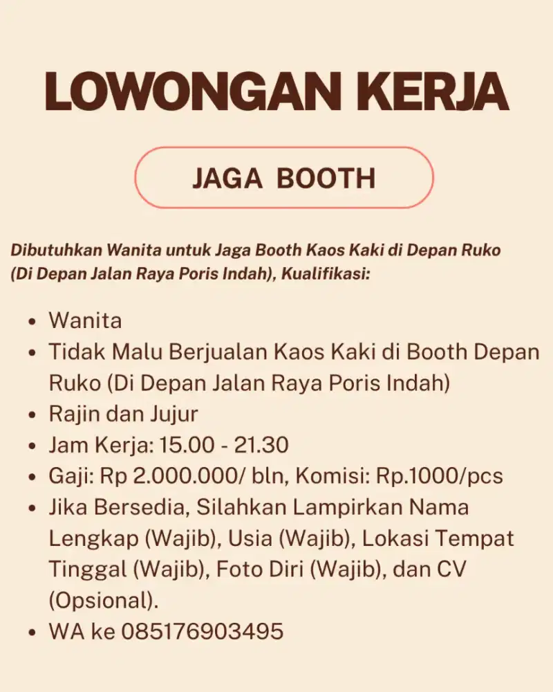 Lowongan Kerja Wanita Jaga Booth Kaos Kaki di Depan Ruko Poris Indah