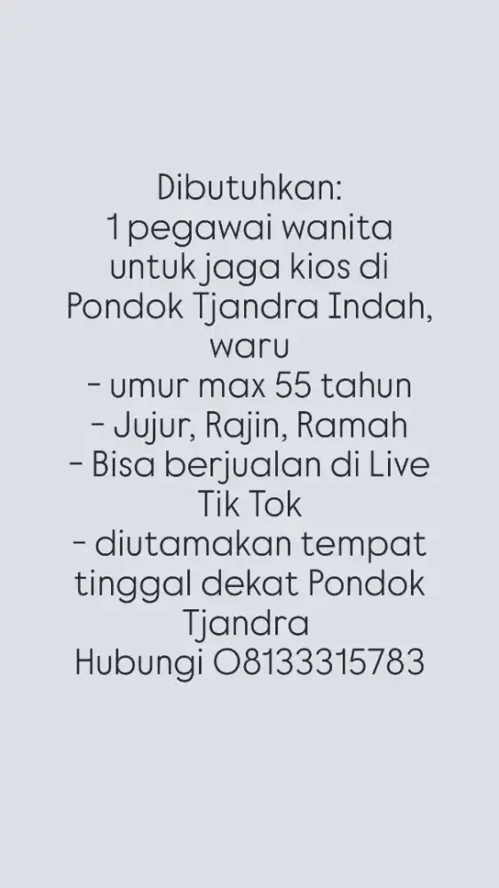 Dicari penjaga kios Wanita