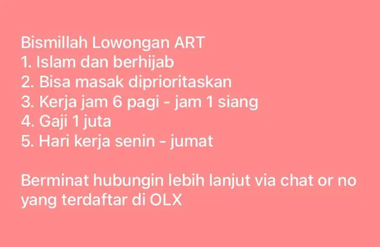 Bismillah dicari ART PP (Lokasi : Cisauk Sinyal)