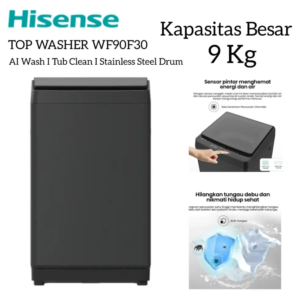 HISENSE Top Loading 9 Kg INVERTER WF90F30 AI Wash Quick Wash One Touch
