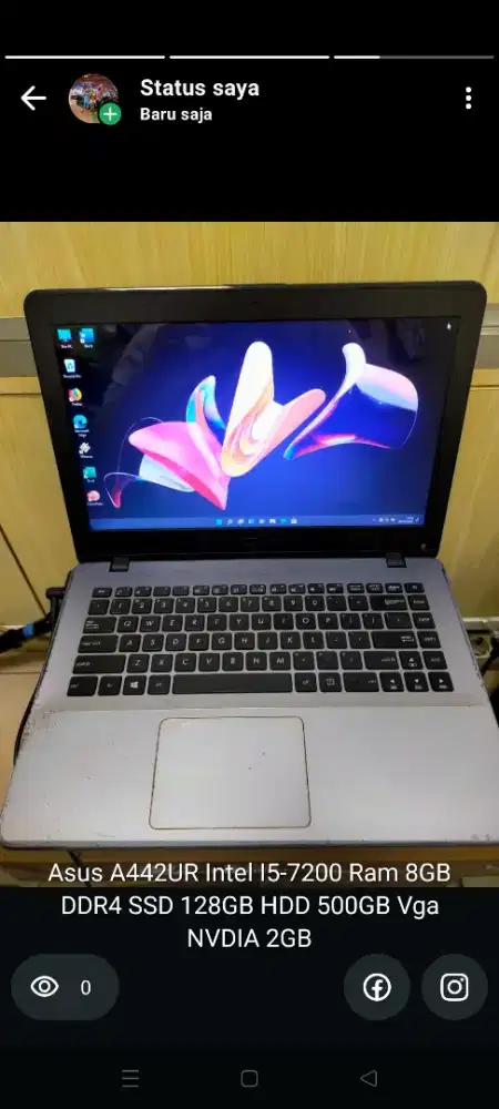 Dijual laptop Asus A442UR Intel i5-7200 ram 4GB SSD 128GB HDD 500 VGA