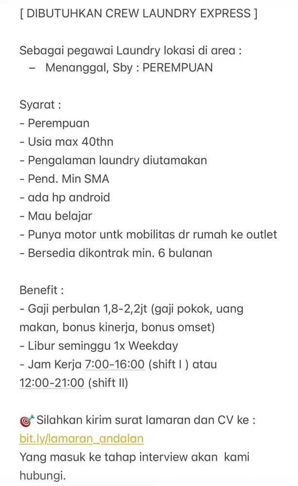 DIBUTUHKAN CREW LAUNDRY EXPRESS
