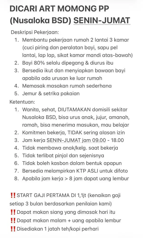 DICARI ART MOMONG PP SENIN-JUMAT (NUSA LOKA BSD)