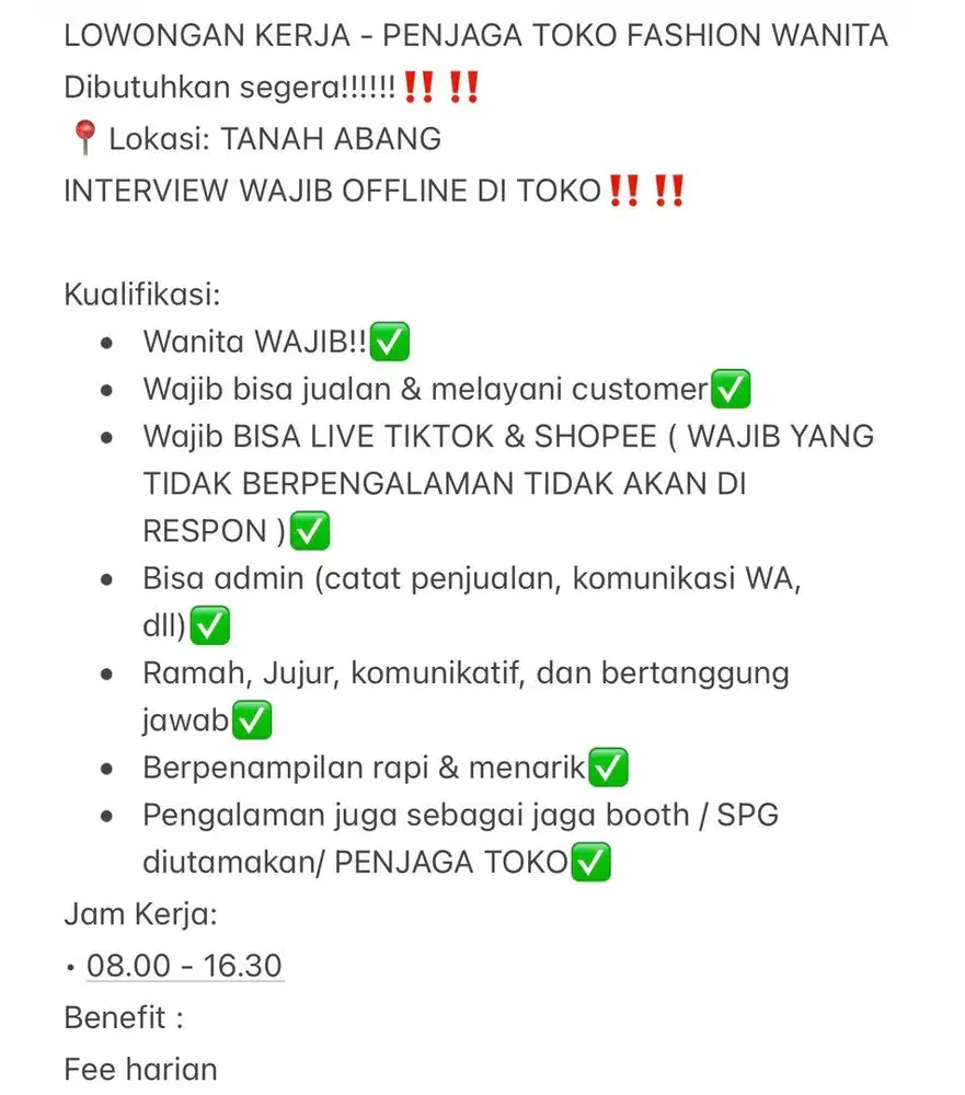 LOWONGAN PENJAGA TOKO FASHION WANITA