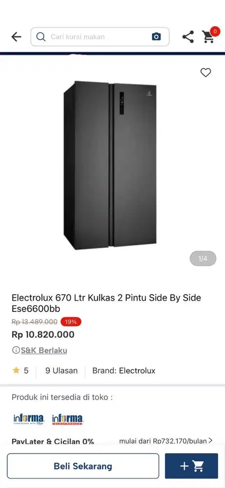 kulkas electrolux side by side 2 pintu