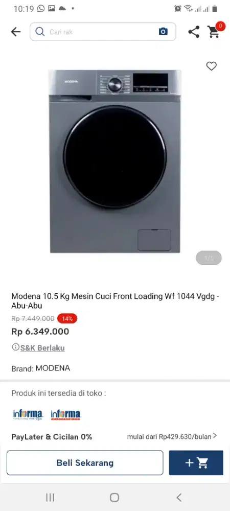 Modena mesin cuci front loading 10,5kg