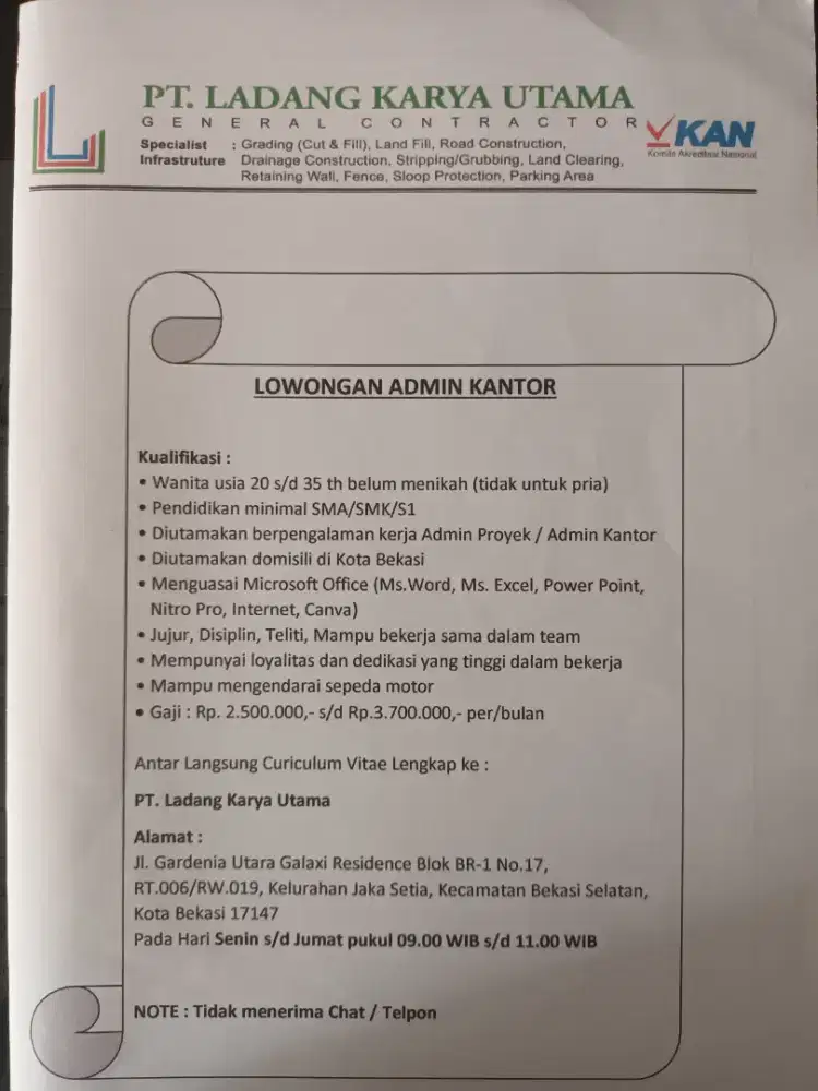 Lowongan Kerja Admin Kantor