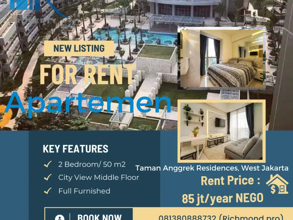 Furnished Super Bagus + Harga Super bagus ! Sewa Tahunan Taman Anggrek Residences 2 BR Pool View Tinggal Bawa koper !!
