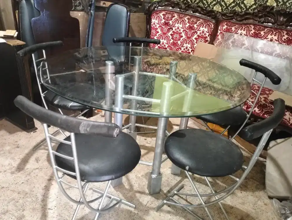 meja makan besi padu super berat, kaca bepel
