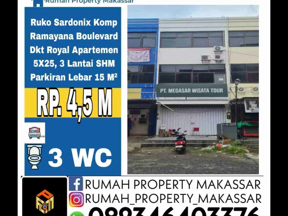 Ruko Sardonix Komp Ramayana Boulevard 
Dekat Royal Spring 
5X25, 3 Lantai  SHM
Parkiran Lebar 15 M²
Rp. 4.5 M Nego
