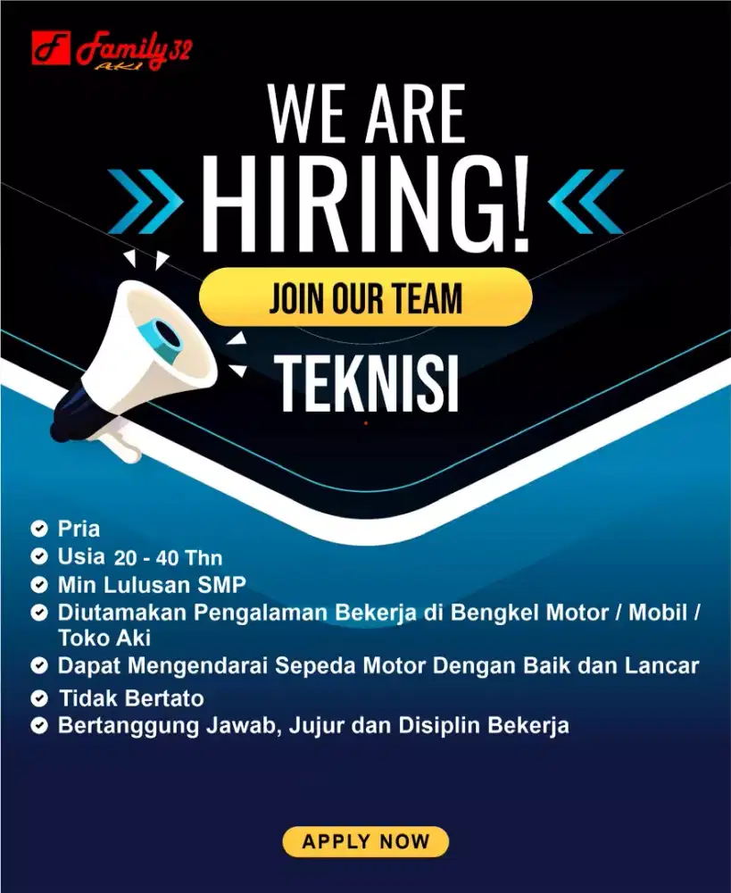 Lowongan Kerja Teknisi Toko Aki Kerja Shift