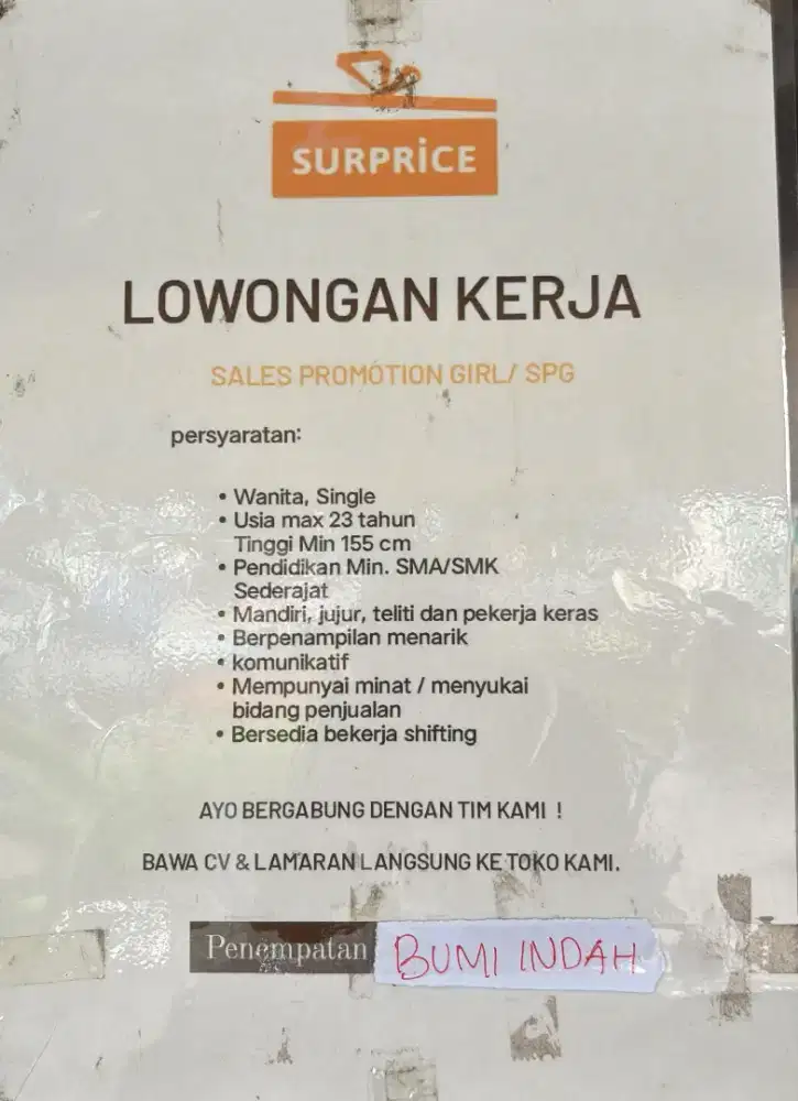 LOWONGAN KERJA SPG SURPRICE