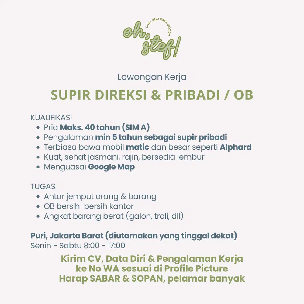 DICARI SUPIR DIREKSI & PRIBADI / OB