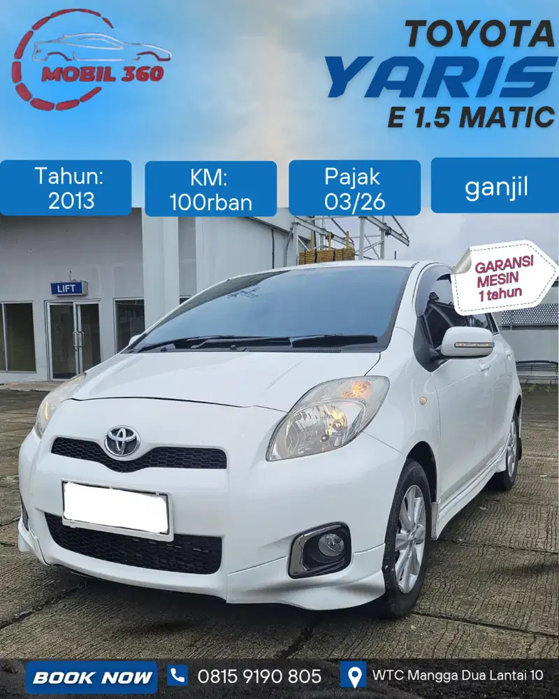Yaris E 1.5 matic tahun 2013 warna putih