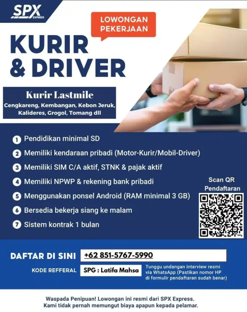 LOKER KURIR MOTOR DELIVERY (LM) SPX EXPRESS AREA CENGKARENG BARAT!!!