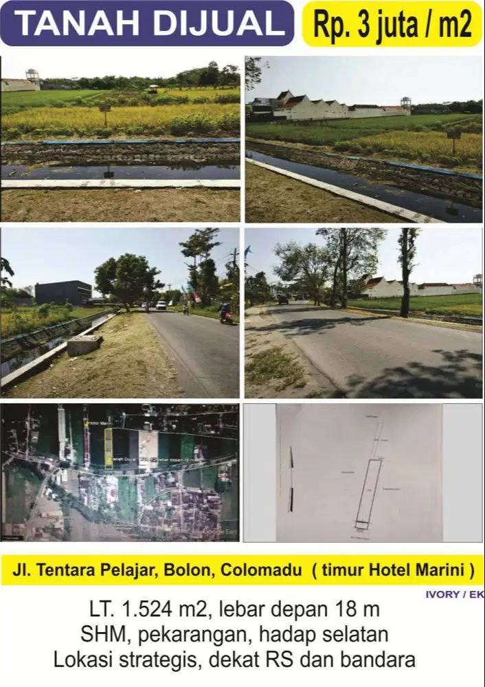 Dijual tanah strategis Timur Hotel Marini Jl. Tentara Pelajar Bolon