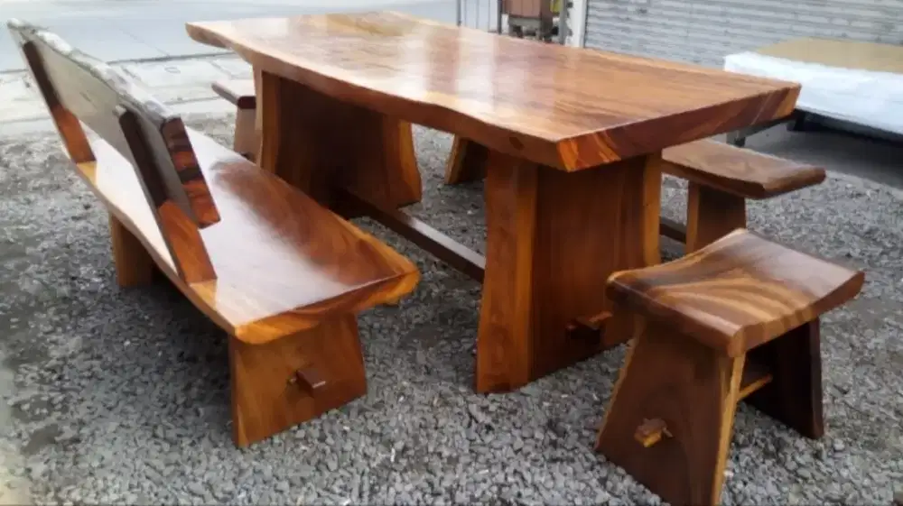 Set meja makan kayu utuh antik alami 2m