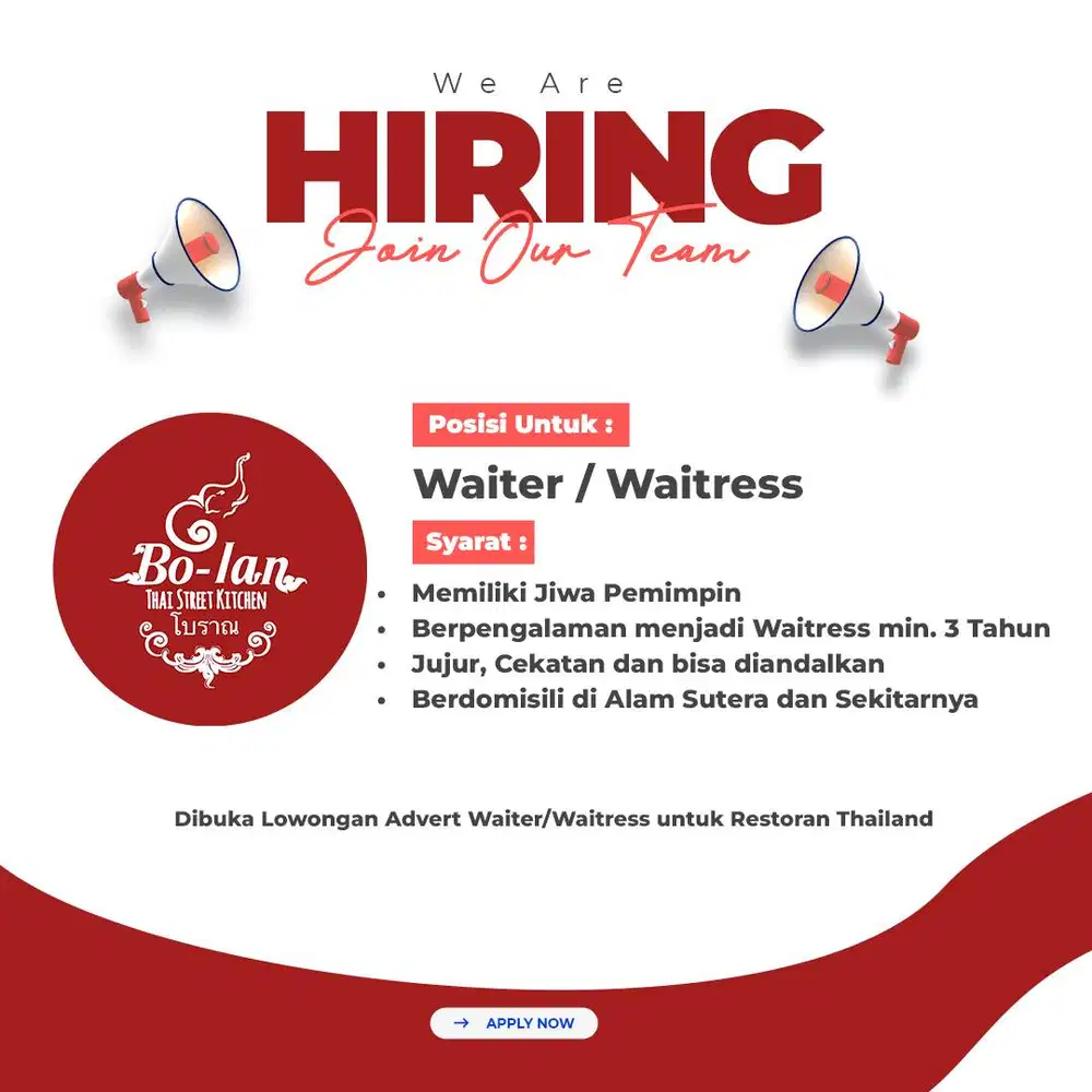 Dibutuhkan WAITRESS untuk resto Thailand HALAL di ALAM SUTERA