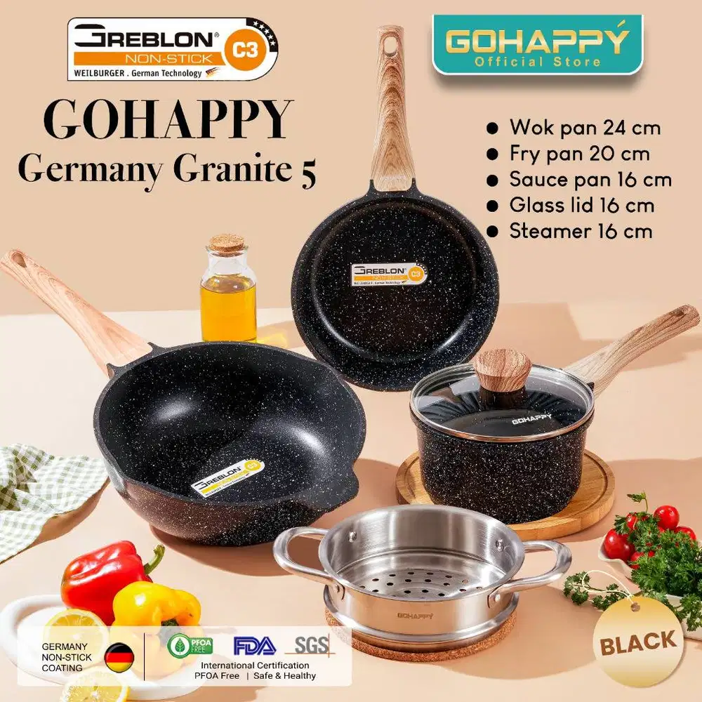 PANCI SET 5 PC GREBLON Gohappy germany granite anti lengket terbaik