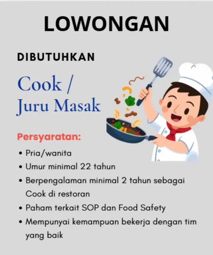 Lowongan Cook / Juru Masak