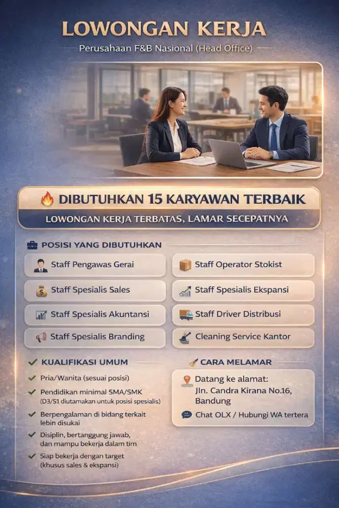 Dibutuhkan 15 Karyawan Untuk 8 Posisi Kerja, Lamar Sesuai Bidangnya