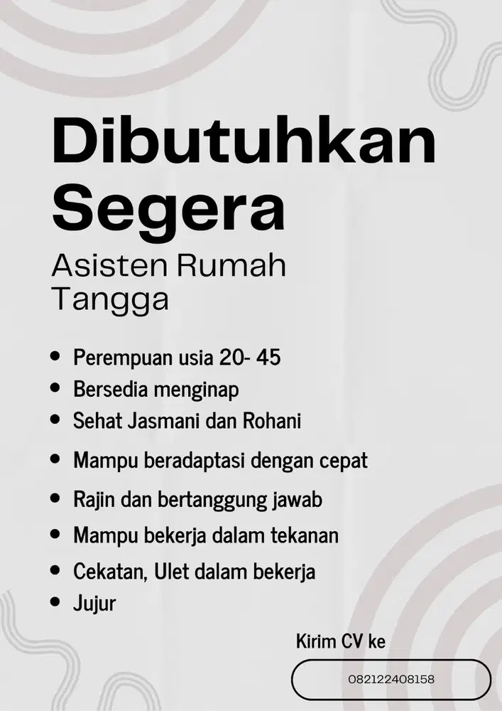 Dibutuhkan segera Asisten Rumah Tangga