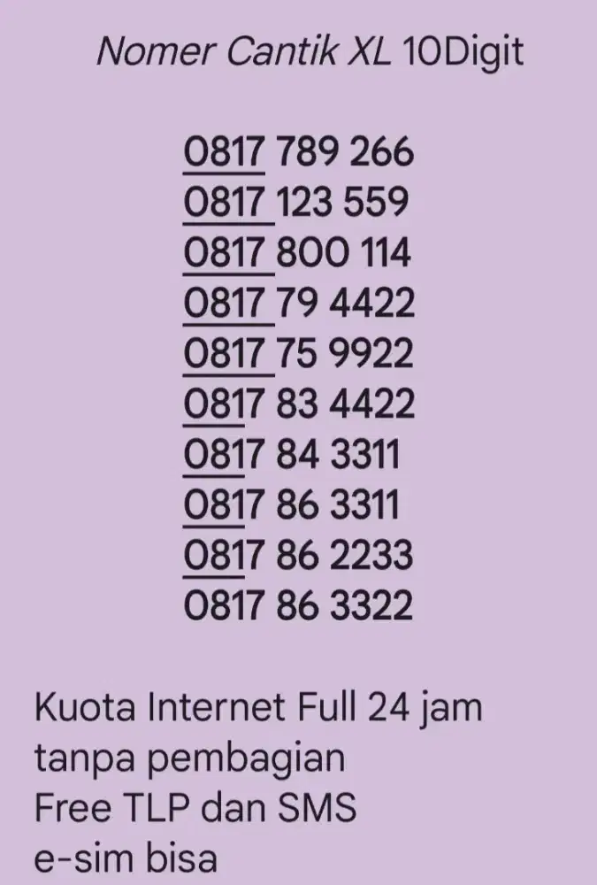Nomer Cantik XL 10Digit Murah