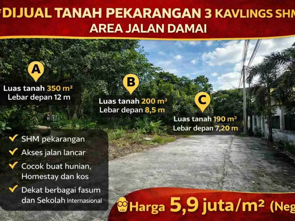TANAH PEKARANGAN 3 KAVLING PREMIUM AREA JALAN DAMAI 
Lokasi Strategis – Cocok Hunian & Investasi Bernilai Tingg