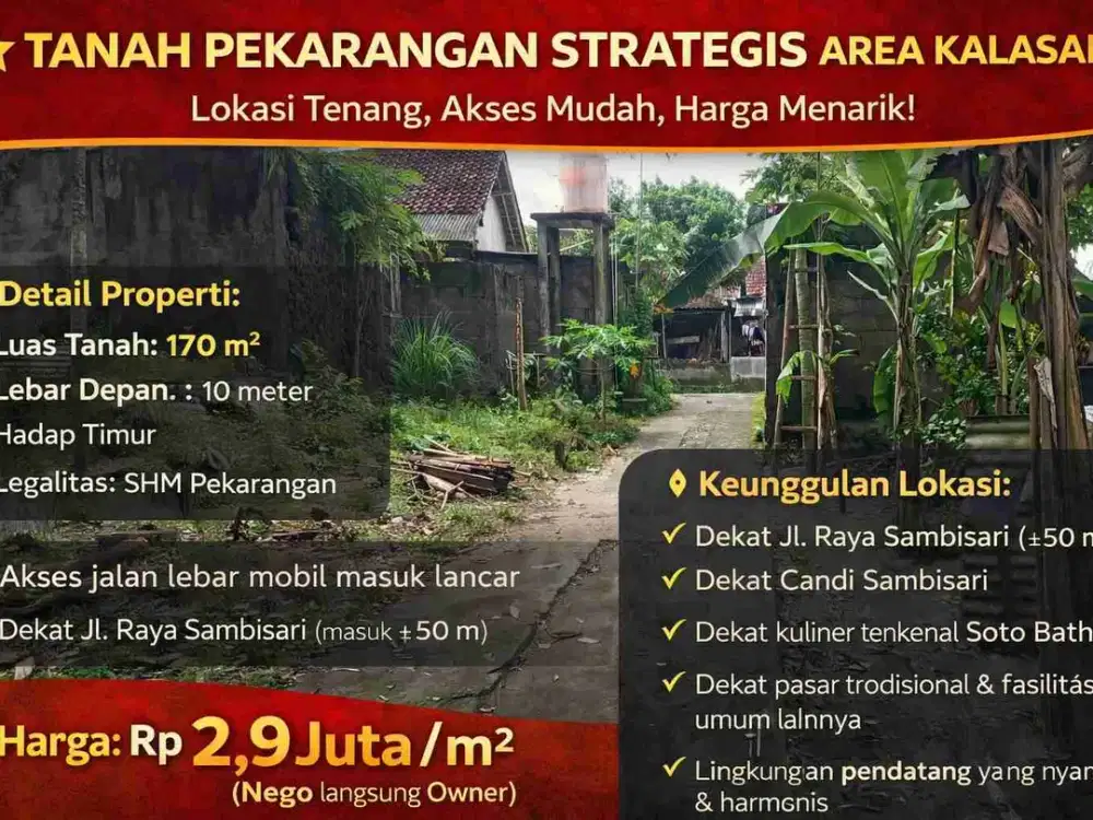 TANAH PEKARANGAN STRATEGIS AREA KALASAN 
Lokasi Tenang, Akses Mudah, Harga Menarik!