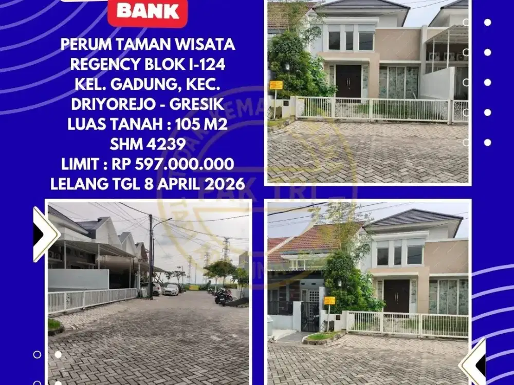 DIJUAL RUMAH VIA LELANG DI DRIYOREJO GRESIK (PERUM TAMAN WISATA REGENCY) – LELANG KPKNL