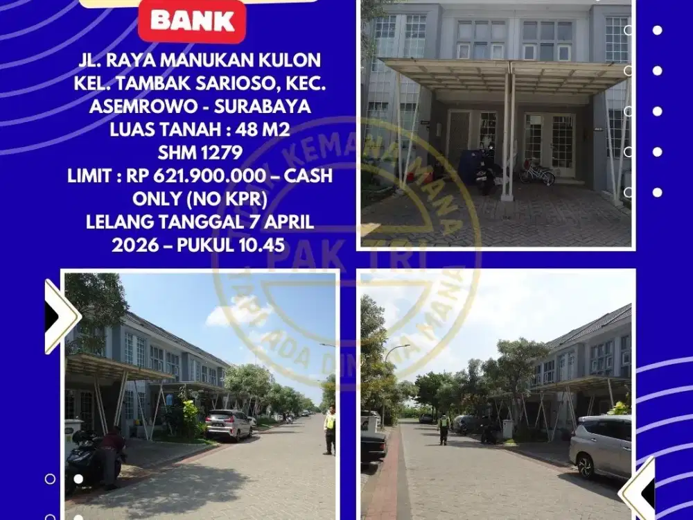 DIJUAL RUMAH VIA LELANG DI ASEMROWO SURABAYA (JL. RAYA MANUKAN KULON) – LELANG KPKNL